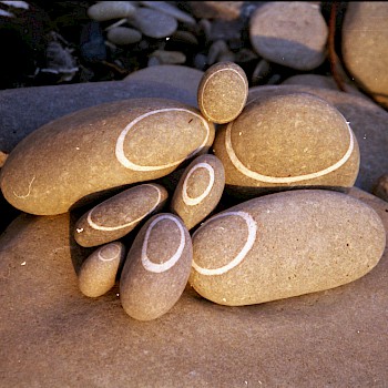 Verschiedene Steine mit weissen, ovalen Adern zu einem Bild zusammengefügt